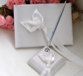 White Flower Bow Wedding Guest Register Book + Pen & Holder